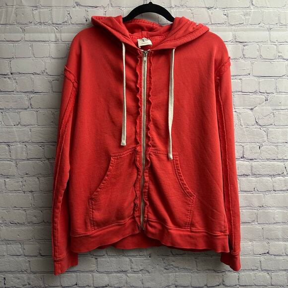 We The Free Red Orange Full Zip Hoodie Sweatshirt Exposed Seams Large *Flaw* - Picture 1 of 9